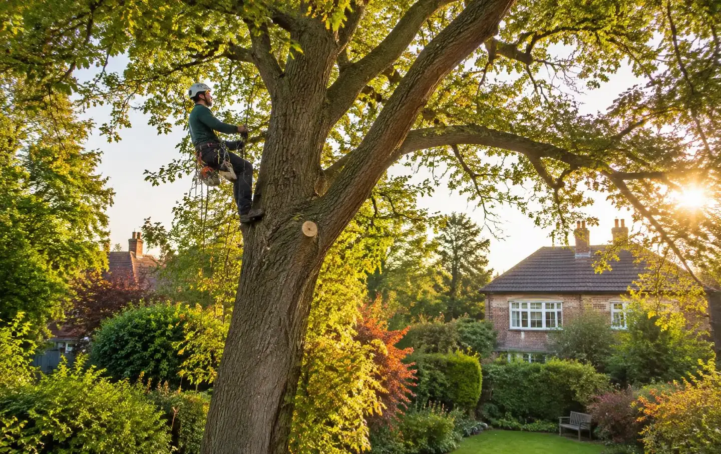 Tree surgeon climbing a large tree in a Surbiton garden